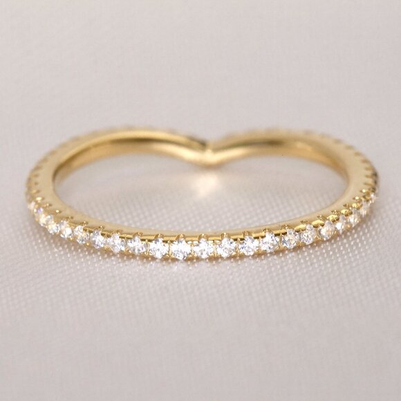 Gold Simulated Diamond Chevron Stacking Band Ring, CZ Dainty Stacking Band Rings - Picture 7 of 7